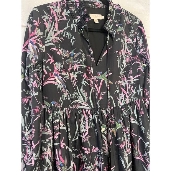 Ted Baker London Size 2 (US sz 6) Long Sleeve Black Bird Print Ruffled Collar - Picture 5 of 5